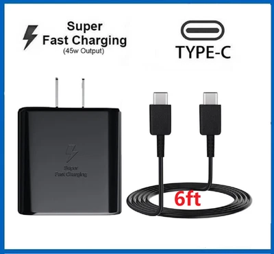 Настенное зарядное устройство 45 Вт быстрая зарядка тип C кабель типа C 6 футов для Samsung S25 S24 Ultra - Изображение 1 из 4