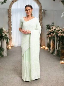 Georgette Embroidered Saree with Ready Blouse- Ethnic Wear for Women - Picture 1 of 7