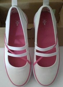 NEW Lands' End Canvas Mary Jane Sneakers Sz 8 1/2 Woman White Pink Trim SEE DESC - Picture 1 of 9