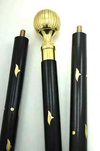 37" Solid Brass Round Head Handle Vintage 3 Fold Black Wooden Walking Stick Cane - Picture 1 of 4