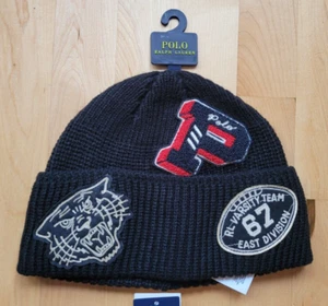 Polo Ralph Lauren Patch P WING Beanie 67 Varsity Football schwarz Mütze One Size Neu mit Etikett - Bild 1 von 7