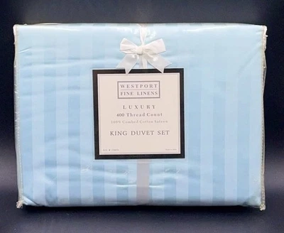 Westport Fine Linens KING DUVET SET Blue Stripe 400 Count 100% Cotton Sateen NEW - Image 1 of 4