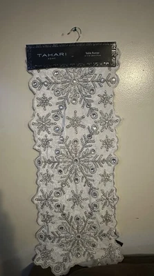 Christmas White Snowflake Embroidered Table Runner By Tahari Home 14”x36” - Image 1 of 3