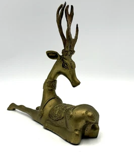 Massives Messing sitzend 6 pt. Bock Hirsch Figur schamanische Intarsien 8" x 7" Vintage - Bild 1 von 19