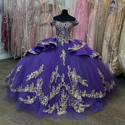 Purple Quinceanera Dresses Off Shoulder Gold Appliques Sweet 15 16 Ball Gowns US - Image 1 of 4