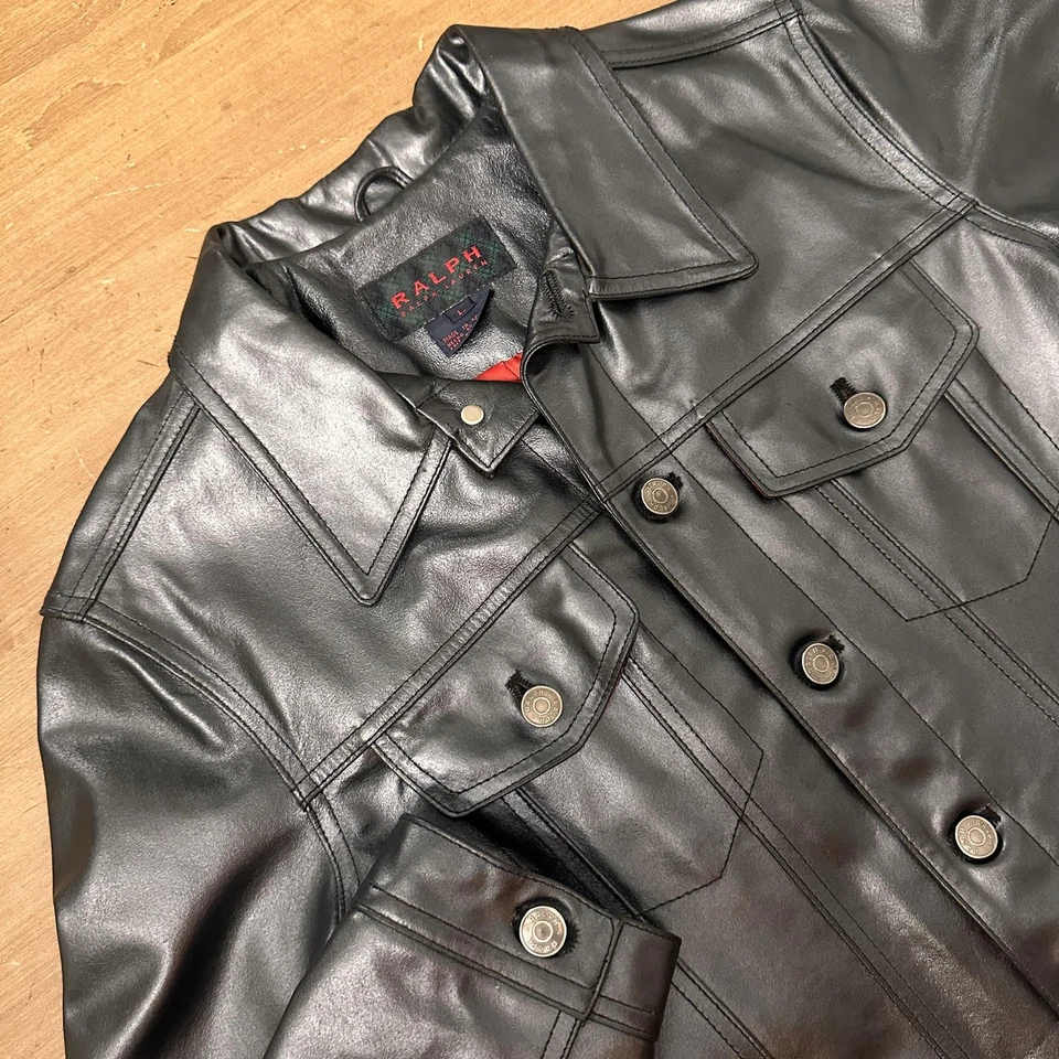 Ralph Lauren Jacket Mens Large Black 100% Leather Trucker Button Front - Image 1 of 4