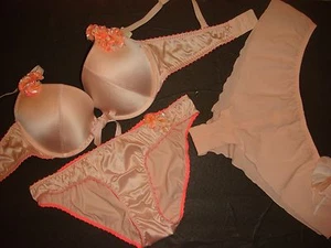 AERIE 36C BRA SET+S panty+M shorts Peach Nude Satin Flower applique Orange Pink - Picture 1 of 9