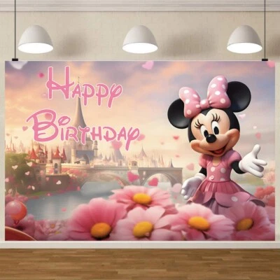 Telón de fondo rosa de cumpleaños de Minnie Mouse fotografía fondo fiesta pancarta castillo Foto 1 de 4