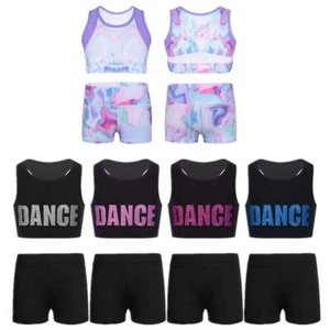 Kids Girls Dance Outfits Sports Crop Tops Booty Shorts Set Gymnastics Fitness - Picture 1 of 12