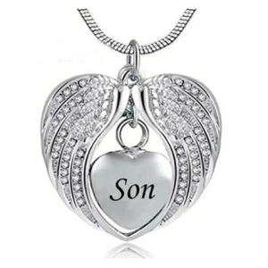 Son Angel Wing Heart Cremation Urn Pendant Ashes Necklace Funeral Memorial UK . - Picture 1 of 4