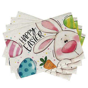 Happy Easter Bunny Placemats Set of 4 Cute Rabbit Eggs Carrot Polka Dot Strip... - Picture 1 of 7