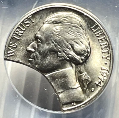 Mint Error 1974 D Jefferson Nickel Curved Clip / 3.9 grams ANACS MS63 - Image 1 of 4