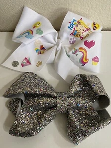 Lot Of  2 Jojo Siwa Bows Silver Glitter And White With Rainbows 🌈 - Picture 1 of 3