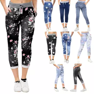 Ladies Italian Floral Print Joggers Cotton Trousers Leggings Magic Pants Jeans - Picture 1 of 24