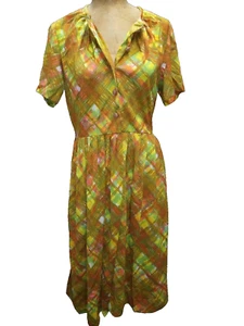 Vintage 1960's Orange Green Brown Yellow Jersey Day Dress by Flutterbye Medium - Picture 1 of 7