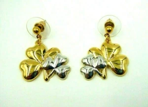 GOLD & SILVER DOUBLE CLOVER SHAMROCK POST DANGLE EARRINGS ST. PATRICK'S DAY - Picture 1 of 5