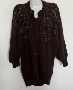 ❅�Cardigan Angora Súper Suave De Colección Mediano Esponjoso Marrón Mujer Suéter con Cuentas - Imagen 1 de 11