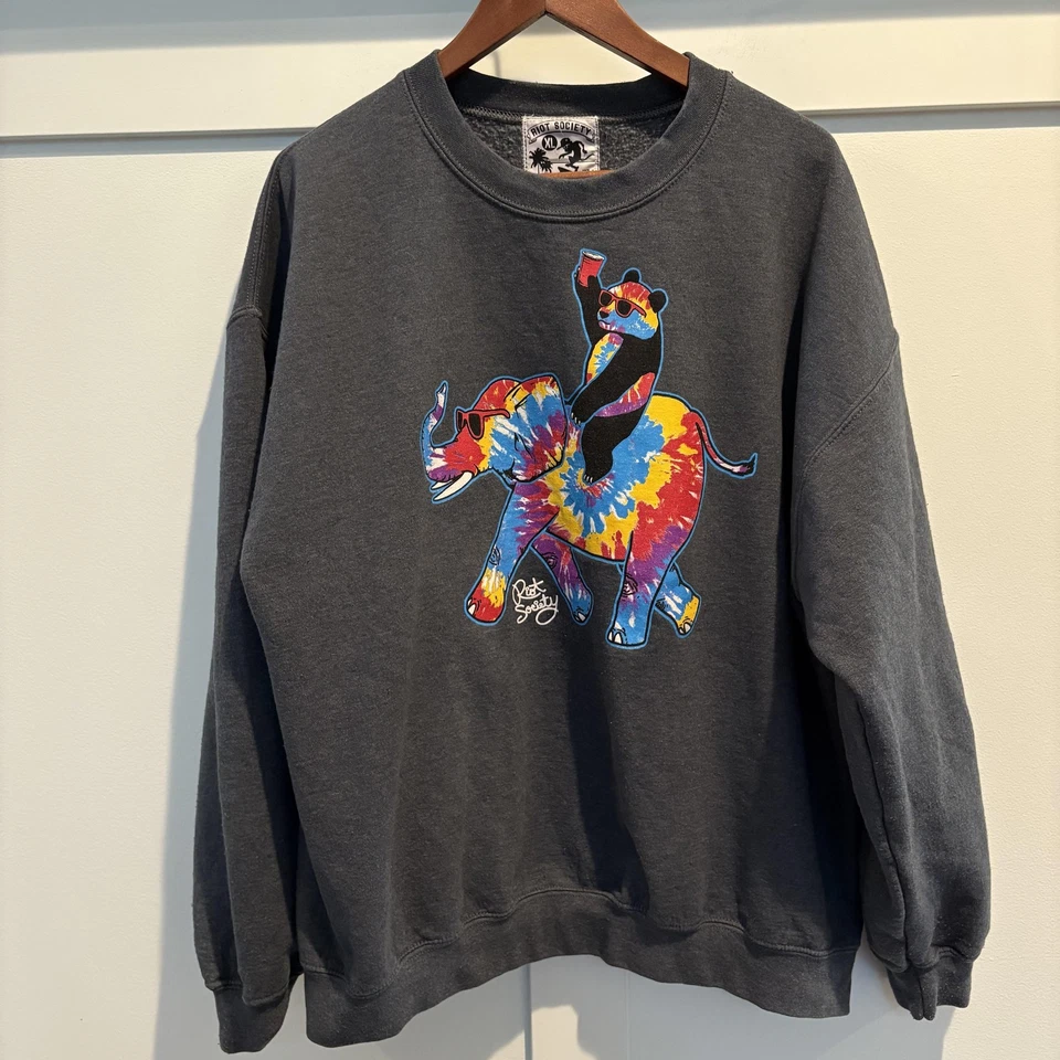 Riot Society Sweatshirt Mens XL Panda Elephant Tie Dye Crewneck Pullover Graphic - Image 1 of 4