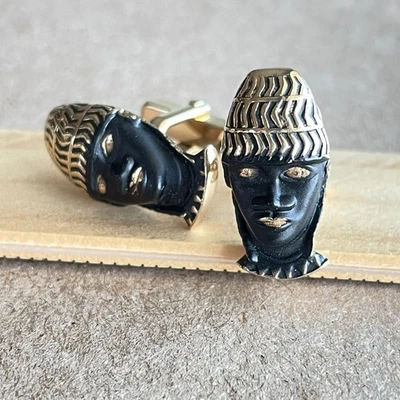 Gemelos Swank African Mask serie vintage años 50 tono dorado esmalte negro MCM Foto 1 de 4