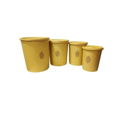 Vintage Tupperware Servalier Canister Set 4 Piece Yellow Floral Kitchen Storage - Image 1 of 4