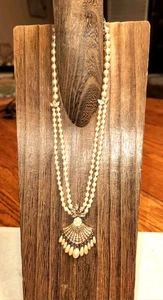 Monet Vintage Look Bernstein Kristall Akzent Fächerform Anhänger Halskette/Kunstperle - Bild 1 von 5