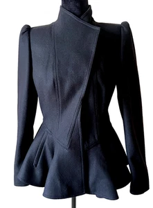 TED BAKER Black Peplum Coat Jacket Fit &Flare Wool Cashmere Size 2 US 6 - Picture 1 of 11