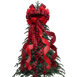 Christmas Tree Topper Bow Red Black Plaid Buffalo Toppers For Holiday Front Door - Picture 1 of 6