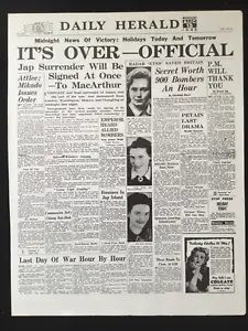 WW2 1945 NEWSPAPER/POSTER (2 SIDED)  “IT’S OVER-OFFICIAL” JAPANESE SURRENDER” - Picture 1 of 24