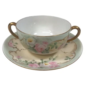 Antique T&V Limoges France Bullion Cup & Saucer Tea Floral Cabbage Roses Gilt - Picture 1 of 10