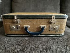 Vintage WHEARY Suitcase Luggage. Tweed Look Exterior. Navy Lining. Excellent.