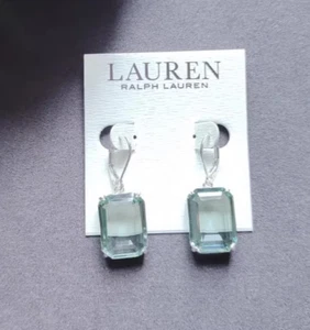 Lauren Ralph Lauren Rectangle Large Stone Drop Earrings Aqua Blue Crystal Silver - Picture 1 of 1