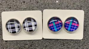 2 pairs of different  hand made "tartan"glass/acrylic silver plated 12 mm studs - Picture 1 of 5