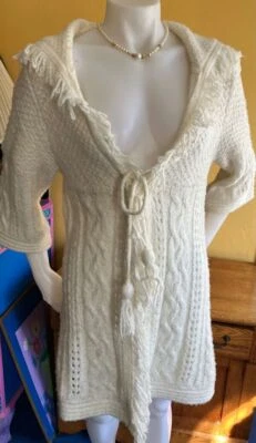 Mujer Kensie Bonito Largo Lana Bl. Cárdigan-L-Marfil-Fringe-Cable-Ligeramente Usado Foto 1 de 4