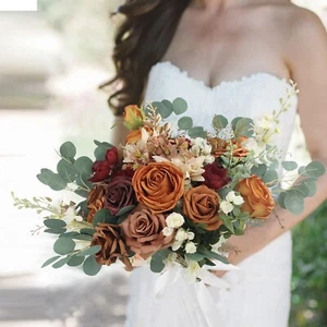 Rinlong 19.6 Inch Fall Wedding Bouquets for Bride Burnt Orange Bridal Bouquet... - Picture 1 of 7