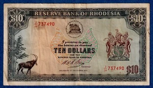 Rhodesia $10 (1973)  P-33f (15th Dec 1973) , Circulated  Banknote J/24 737490 - Picture 1 of 4