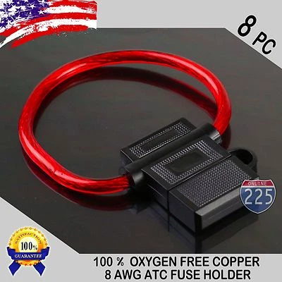225FWY 8 Pack 8 Gauge ATC In-Line Blade Fuse Holder 100% OFC Copper Wire Protection US