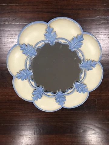 Ceramic Round Scalloped Hand Painted Decorative Mirror Heavy Blue White Gold Cover