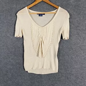Ralph Lauren Top Womens Small Off White Shirt Knit Sheer Italian Yarn Ruffles - Picture 1 of 10