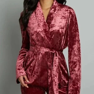ModCloth Crushed Velvet Wrap Blazer Women's M Burgundy Wine Belt Jacket Holiday - Picture 1 of 6