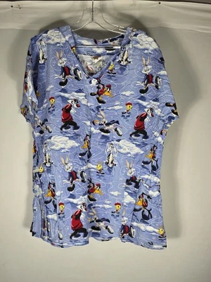 Looney Tunes Scrub Top Bugs Bunny Daffy Duck Tweety XL Blue Winter Print - Image 1 of 4