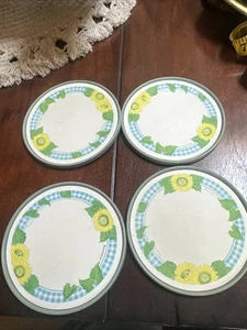 Set 4 Corelle Coasters SUNSATIONS Corning Sunflowers Blue Gingham MCM Retro K1 - Picture 1 of 7