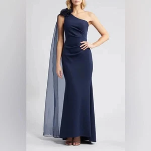 Eliza J Women One Shoulder Jersey Gown Dress Scarf Detail Size 6 Navy Blue NWT - Picture 1 of 10
