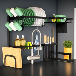 Over The Sink Dish Drying Rack 2-Tier Stainless Steel Kitchen Dish Drainer Black - Picture 1 of 14