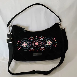 Designer Vera Bradley Frannie Crescent Crossbody Bag purse Black Velvet floral - Picture 1 of 13