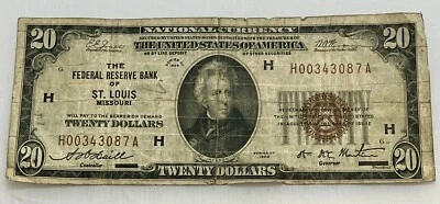 Billete de 20 dólares de la Reserva Federal de San Luis de 1929 Foto 1 de 2