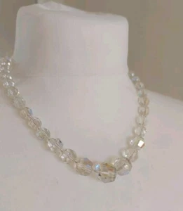 Vintage AB Crystal Beaded Necklace Faceted Clear Beads - Picture 1 of 10
