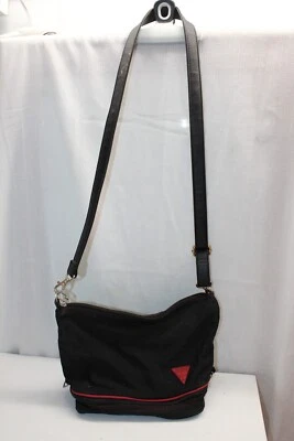 GUESS Black Microfiber Red Logo Crossbody 2 Zip Comp Travel/Hobo Purse Handbag - Image 1 of 4
