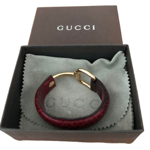 Gucci Horsebit Bangle Bracelet Red Leather Cuff Belt Gold Authentic Vintage