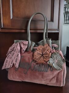 Juicy Couture Daydreamer Velour Tote Bag Purse Gray Pink Vintage Bow Ribbon