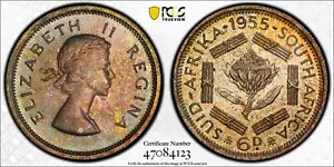 PR66 1955 South Africa Silver 6 Pence Proof, PCGS Trueview- Pretty Toned - Picture 1 of 6